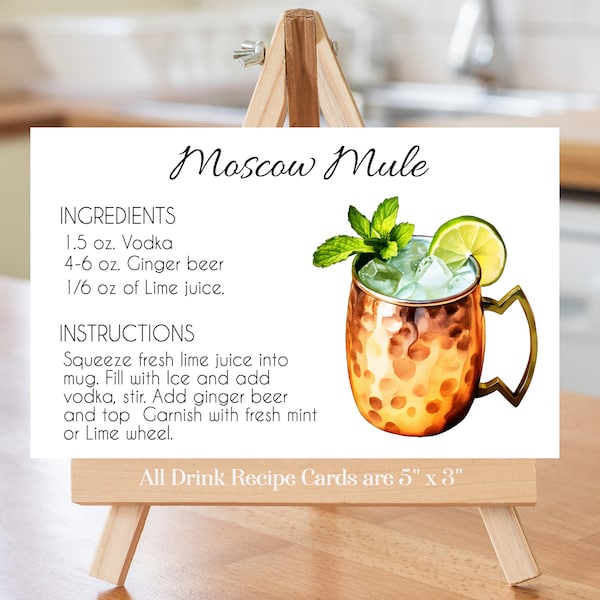 Moscow Mule Recipe Card 5 different designed cards Instant Digital Download after purchase, give this Cocktail Recipe Card as a Gift.