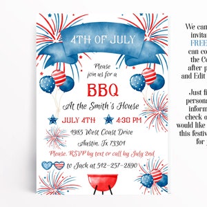 May include: A patriotic 4th of July invitation with a watercolor design. The invitation features a blue banner with "4TH OF JULY" text, fireworks, balloons, and a BBQ grill illustration. Includes event details and RSVP information.