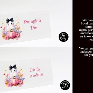 May include: Two printable place cards featuring a cute ghost holding a pink pumpkin. The ghost has black eyes and a black bow. The place cards are decorated with pink flowers and gold glitter. The text on the place cards reads "Pumpkin Pie" and "Cindy Anders".