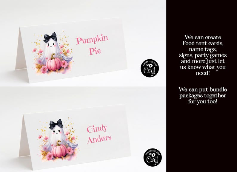 May include: Two printable place cards featuring a cute ghost holding a pink pumpkin. The ghost has black eyes and a black bow. The place cards are decorated with pink flowers and gold glitter. The text on the place cards reads "Pumpkin Pie" and "Cindy Anders".