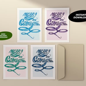 Kerstkaarten DIY 4 pack / Blauwe & Paarse Kerstkaarten / Eco-vriendelijke kerstkaarten / Bulkkaarten / Instant Download / Afdrukbare PDF.