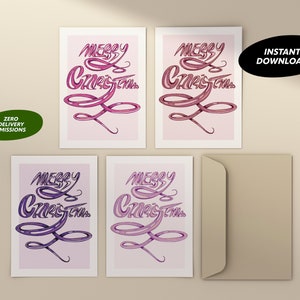 Cartes de Noël DIY 4 pack / Cartes de Noël roses et violettes / Cartes de Noël respectueuses de l’environnement / Cartes en vrac / Téléchargement instantané / PDF imprimable.