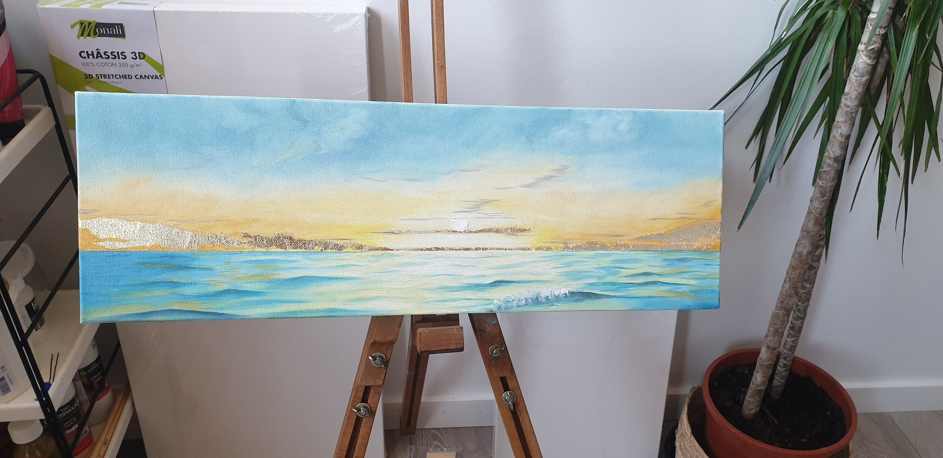 Ocean Sunset Gold Peinture à L'huile - Art Original -