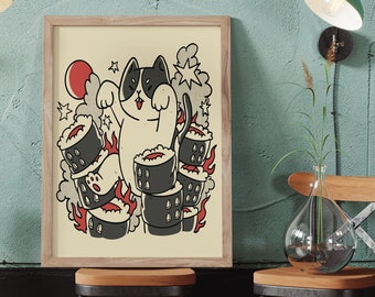 Sushi Poster - Giant Cat Sushi Monster - vintage Japan Druck