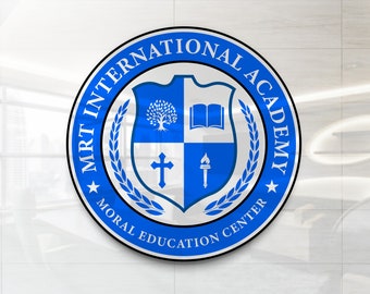 Puede incluir: Un sello circular azul y blanco con el texto "MRT International Academy Moral Education Center". El sello presenta un escudo con un árbol, un libro, una cruz y una antorcha.