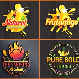 Può includere: Quattro diversi design di logo per aziende di succo. Il primo logo è uno schizzo giallo con un bicchiere di succo d'arancia e il testo "Natural Mystic Juices". Il secondo logo è uno schizzo giallo con un bicchiere di succo d'arancia e il testo "Frutamigo". Il terzo logo è un cerchio con un cappello da cuoco, un cucchiaio e una forchetta con il testo "The Smoking Kitchen". Il quarto logo è un cerchio con un bicchiere di succo d'arancia e il testo "Pure Bold Juices Purity in Every Sip".