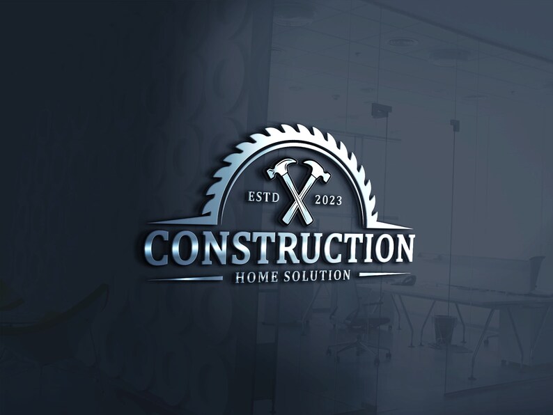 May include: A silver and white construction logo with the text "CONSTRUCTION HOME SOLUTION" and the establishment year "ESTD 2023". The logo features crossed hammers and a saw blade.