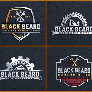 May include: Four different logo designs for a business called "Black Beard" offering home solutions. The logos feature different tools and symbols representing different trades, including plumbing, carpentry, general contracting, and masonry.