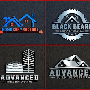May include: Four different logos for home improvement businesses. The first logo is blue and red with a lightbulb and plug on either side of the text "HOME CONTRACTORS". The second logo is silver with a saw blade and the text "BLACK BEARD CARPENTRY SOLUTION". The third logo is silver with a building and the text "ADVANCED BUILDING SYSTEMS". The fourth logo is silver with a house and the text "ADVANCED BUILDING SYSTEMS".