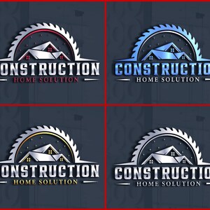 May include: Four variations of a logo for a construction company. The logo features a silver saw blade with a house inside. The saw blade is surrounded by a circle with stars. The text "CONSTRUCTION HOME SOLUTION" is below the saw blade.