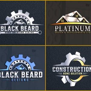 May include: Four different logos for home construction businesses. The first logo is a silver gear with a house inside and the text "Black Beard Home Solution Centre". The second logo is a silver house with the text "Platinum Design & Developments Ltd". The third logo is a blue gear with a house inside and the text "Black Beard Designs". The fourth logo is a silver gear with a gold circle inside and the text "Construction Home Solution".