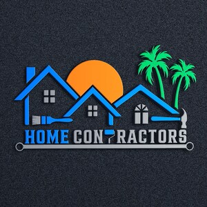 May include: A logo for a home contractor business. The logo features three blue houses with windows, a yellow sun, two green palm trees, and a wrench, paintbrush, and hammer.