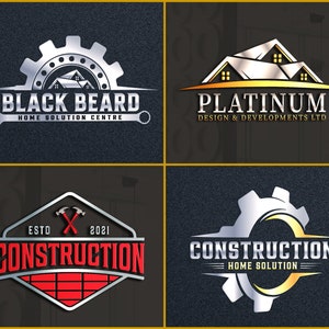 May include: Four different logos for construction companies. The first logo is silver and features a gear with a house inside. The text "BLACK BEARD HOME SOLUTION CENTRE" is below the gear. The second logo is silver and features a house with three windows. The text "PLATINUM DESIGN & DEVELOPMENTS LTD" is below the house. The third logo is red and silver and features a diamond shape with two crossed hammers inside. The text "ESTO 2021 CONSTRUCTION" is above the diamond. The fourth logo is silver and gold and features a gear with a circle inside. The text "CONSTRUCTION HOME SOLUTION" is below the gear.