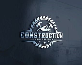 Może przedstawiać: Srebrne logo z piłą tarczową, dwoma młotkami i domem. Tekst "CONSTRUCTION HOME SOLUTION" jest napisany pogrubioną czarną czcionką.