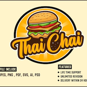 May include: A logo for a restaurant called "Thai Chai" featuring a cartoon burger with lettuce, tomato, cheese, and a sesame seed bun. The logo is set against a yellow background with a sunburst effect.