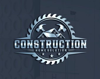 Może przedstawiać: Srebrne logo z piłą tarczową, dwoma skrzyżowanymi młotkami i domem. Tekst "CONSTRUCTION HOME SOLUTION" znajduje się pod obrazem.