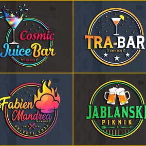May include: Four colourful logo designs for different businesses. The first logo is for a juice bar called "Cosmic Juice Bar" with a rainbow coloured cocktail glass. The second logo is for a bar called "TRA-BAR" with a cocktail glass and stars. The third logo is for a private chef called "Fabien Mandrea" with a chef's hat and flames. The fourth logo is for a picnic company called "Jablonski Piknik" with two beer mugs.