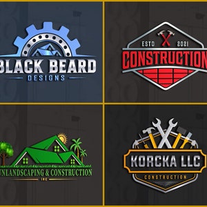 May include: Four different construction company logos. The first logo is a blue and silver gear with a house inside and the text "Black Beard Designs". The second logo is a red and silver diamond with the text "Estd 2021 Construction". The third logo is a green house with a sun and palm trees and the text "Sunlandscaping & Construction Inc.". The fourth logo is a silver shield with crossed wrenches and hammers and the text "Korcka LLC Construction".