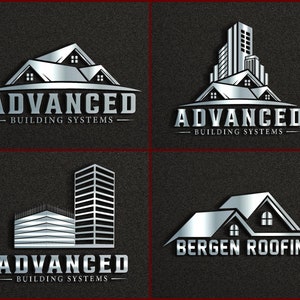 Puede incluir: Cuatro logotipos diferentes con diseños de edificios 3D plateados. Los tres primeros logotipos presentan el texto "ADVANCED BUILDING SYSTEMS". El cuarto logotipo presenta el texto "BERGEN ROOFING".