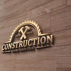 May include: A gold construction logo with the text "CONSTRUCTION HOME SOLUTION" and the establishment year "ESTD 2023". The logo features a saw blade, crossed hammers, and is set against a textured brown wall.