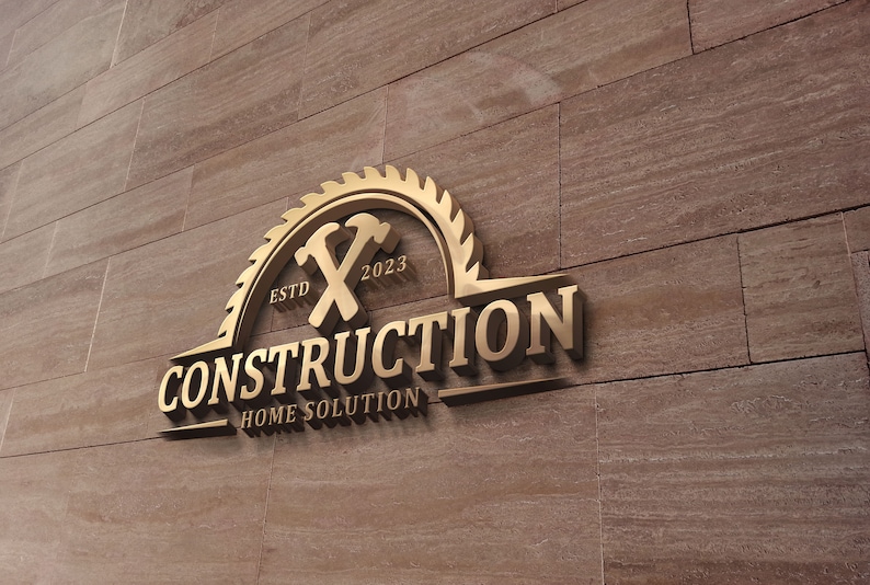 May include: A gold construction logo with the text "CONSTRUCTION HOME SOLUTION" and the establishment year "ESTD 2023". The logo features a saw blade, crossed hammers, and is set against a textured brown wall.
