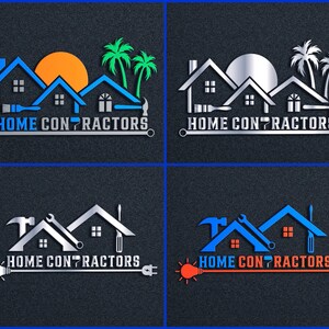 May include: Four different logo designs for a home contractor business. The logos feature a house, tools, and the text "HOME CONTRACTORS".
