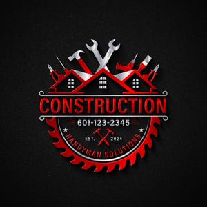 Puede incluir: Un logotipo de construcción rojo y plateado con la palabra "CONSTRUCTION" en negrita. El logotipo presenta una hoja de sierra, herramientas y el número de teléfono 601-123-2345. También se incluyen las palabras "Handyman Solutions" y el año "2024".