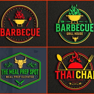 May include: Four colorful logo designs for different businesses. The first logo is red, yellow, and black with the text "BARBECUE". The second logo is green, yellow, and black with the text "BARBECUE GRILL HOUSE". The third logo is green with the text "THE MEAL PREP SPOT + MEAL PREP ELEVATED". The fourth logo is red, yellow, and black with the text "THAI CHAI • CATERING & CUISINE • SINCE 2015".