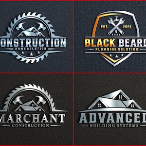 May include: Four different logos for construction and plumbing businesses. The first logo is a silver saw blade with two crossed hammers and a house inside. The text "CONSTRUCTION HOME SOLUTION" is below the saw blade. The second logo is a silver shield with a gold background. The text "EST. 2023" is above two crossed wrenches and a faucet. The text "BLACK BEARD PLUMBING SOLUTION" is below the wrenches. The third logo is a silver saw blade with two crossed hammers and a house inside. The text "MARCHANT CONSTRUCTION" is below the saw blade. The fourth logo is a silver house with a gold roof. The text "ADVANCED BUILDING SYSTEMS" is below the house.