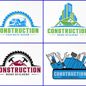 May include: Four different construction company logos. The first logo features a blue and green saw blade with a concrete mixer truck in the center. The second logo features a blue and green cityscape with the text "CONSTRUCTION HOME BUILDERS". The third logo features a black saw blade with two red hammers and a red house in the center. The fourth logo features a blue toolbox with various tools and the text "CONSTRUCTION TOOLS SERVICES".