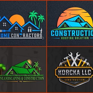 May include: Four different logos for construction companies. The first logo is blue and features a house with a sunset behind it. The text reads "Home Contractors". The second logo is blue and features a house with a sunset behind it. The text reads "Construction Roofing Solution". The third logo is green and features a house with a sunset behind it. The text reads "Sunlandscaping & Construction Inc.". The fourth logo is gold and features a set of tools. The text reads "Korkca LLC Construction".