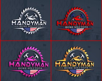 USA Handyman & Construction Logo Design | Roofing, Builders, Architect, Remodeling, Home Renovation | Custom American Home Improvement Logo