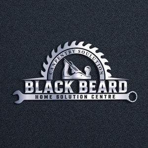 May include: Black and white logo with the text "Black Beard Home Solution Centre". The logo features a silver saw blade with the words "Carpentry Solution" inside. A silver hand plane is in the center of the saw blade. A silver wrench is on either side of the text.
