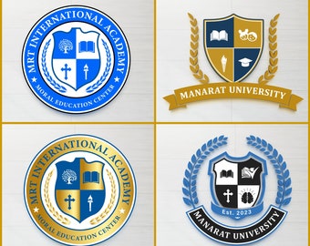 May include: Two logos for a school, MRT International Academy and Manarat University. The MRT International Academy logo features a blue shield with a gold cross, a golden book, and a tree. The Manarat University logo features a blue shield with a gold torch, a graduation cap, a book, and two children. Both logos have a gold wreath around the shield.