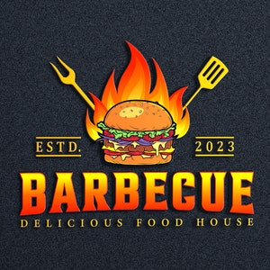 May include: A logo for a barbecue restaurant called "Barbecue Delicious Food House" established in 2023. The logo features a cartoon burger with flames and a spatula and fork.