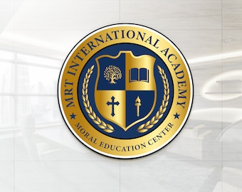 Puede incluir: Un logotipo circular para la Academia Internacional MRT, un centro de educación moral. El logotipo presenta un escudo dorado y azul marino con un árbol, un libro, una cruz y una antorcha. El texto "MRT INTERNATIONAL ACADEMY" y "MORAL EDUCATION CENTER" es dorado.