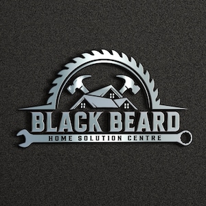 May include: Black and white logo for a home solution center called "Black Beard". The logo features a circular saw blade with two crossed hammers and a house in the center. The text "Home Solution Centre" is below the logo.