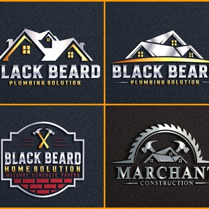 May include: Four different logo designs for home improvement businesses. The first two logos feature a silver and gold house with the text "Black Beard Plumbing Solution". The third logo features a silver and gold badge with the text "Black Beard Home Solution" and the text "Masonry Concrete Pavers". The fourth logo features a silver and gold saw blade with two hammers and a house with the text "Marchant Construction".