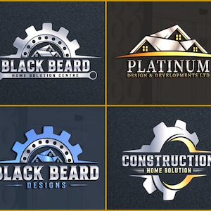May include: Four different logos for home construction businesses. The first logo is a silver gear with a house inside and the text "Black Beard Home Solution Centre". The second logo is a silver house with the text "Platinum Design & Developments Ltd". The third logo is a blue gear with a house inside and the text "Black Beard Designs". The fourth logo is a silver gear with a gold circle inside and the text "Construction Home Solution".