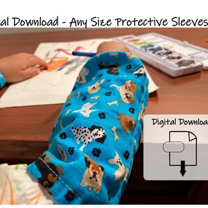 May include: A blue protective sleeve with a repeating pattern of various dog breeds, bones, and flowers. The sleeve is being worn by a child while they are drawing. The words "Digital Download - Any Size Protective Sleeves" are at the top of the image.