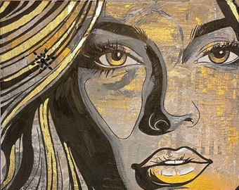 Unikat "UNKNOWN WOMAN" | 30 x 40 cm | Mixed Media Pop Art | Gemälde auf Leinwand | 1/1 | mit Zertifikat | Portrait | schwarz weiß gold