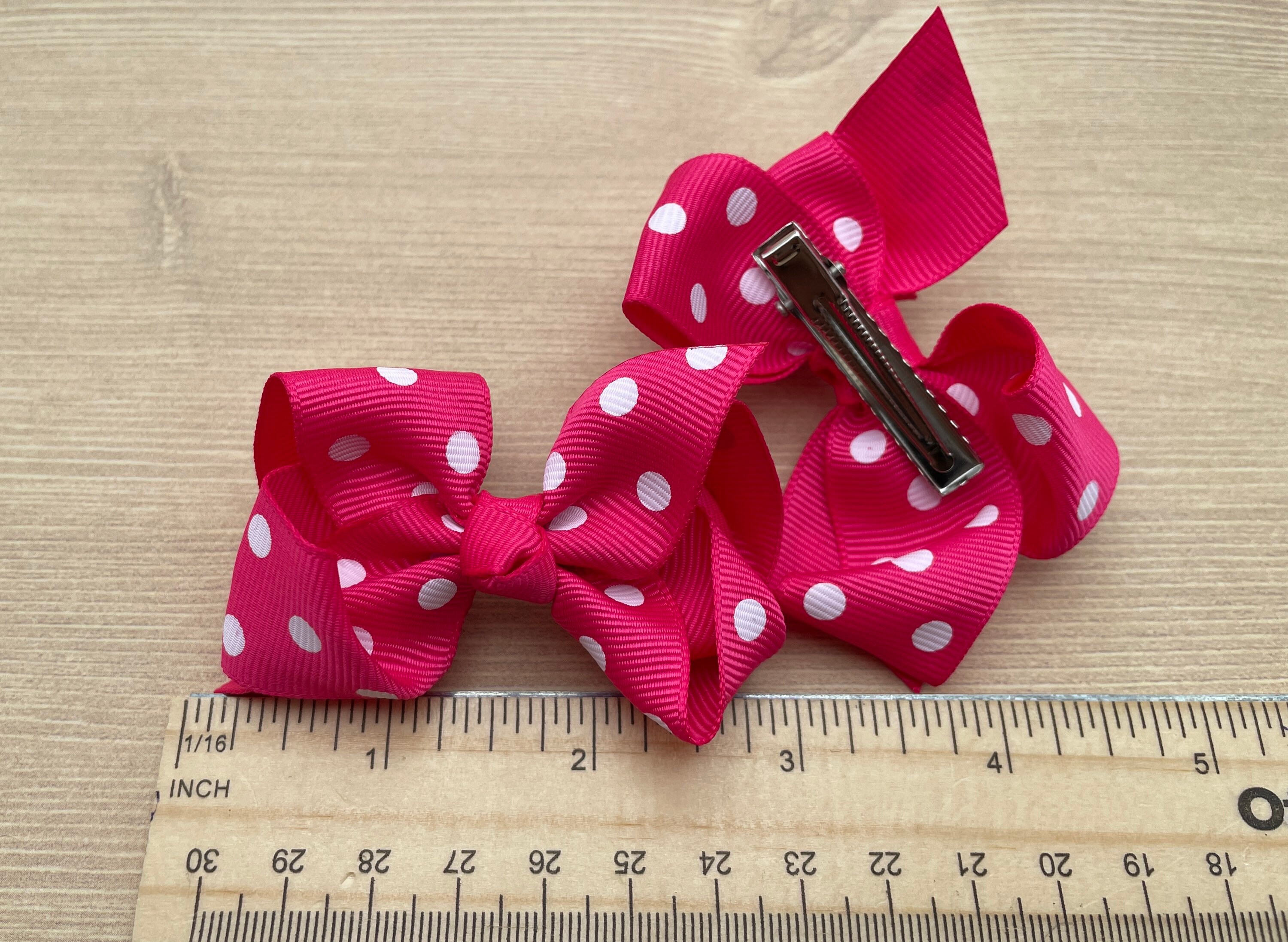 Bright Pink Polka Dot Bow Ribbon Hair Clip Set for Girls, Barrettes ...