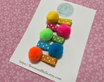 Adorable Polka Dot Pom Pom Hair Clip Set, 6 clip set, Toddler, Baby clips, Small Hair Clip, Mini Barrettes. Mini, Baby gift