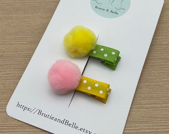 Easter Polka Dot Pom Pom Hair Clip Set, 2 clip set, Toddler, Baby clips, Small Hair Clip, Mini Barrettes, Babydoll hair clips