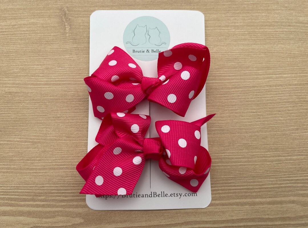 Bright Pink Polka Dot Bow Ribbon Hair Clip Set for Girls, Barrettes ...