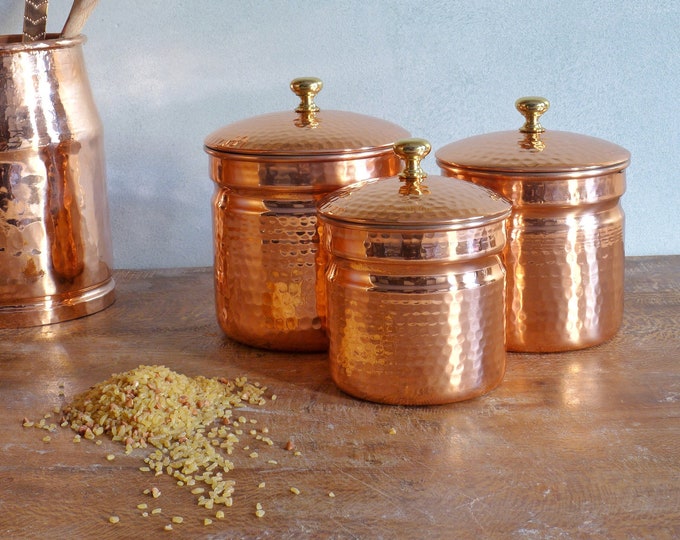 Pure Copper Kitchen Canisters, Set of 3, Sugar Coffee Tea Canister Set, Pantry Organization, Kitchen Organizer, Canister Set for Kitchen
