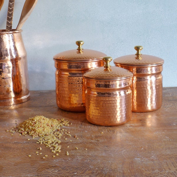 Boîtes de rangement en cuivre pur pour cuisine, ensemble de 3, ensemble de boîtes de conserve, café, thé, organisation de garde-manger, organisateur de cuisine, ensemble de boîtes pour la cuisine