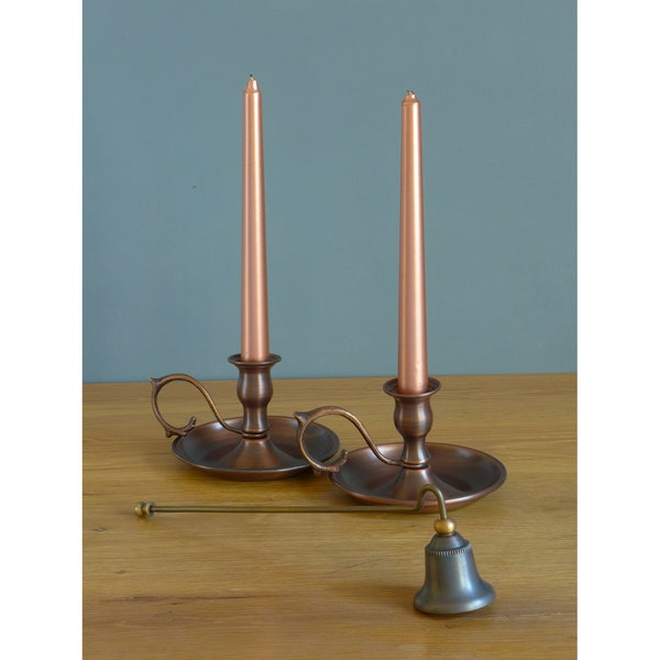 Set of 3 Copper Candlestick Holders & Candle Snuffer, Solid Copper Candlesticks,Vintage Style Candle Holders with Plate,French Candle Holder