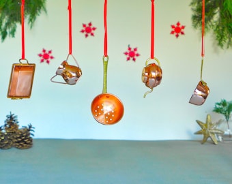 Copper Christmas Ornament Set: Miniature Cookware, Dollhouse Xmas Decor