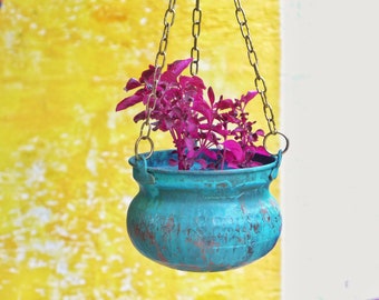 Green Patina Copper Hanging Planter: Handmade Indoor/Outdoor Basket